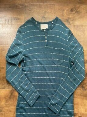7 Diamonds Mens XL Henley Knit Shirt Teal Striped Long Sleeve